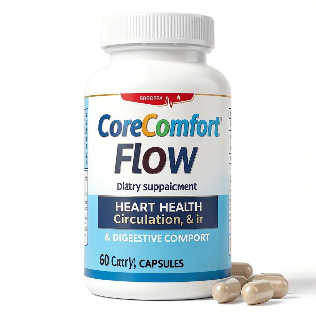 CoreComfort Flow dietary supplement bottle with 60 capsules for heart health, circulation, and digestive comfort
